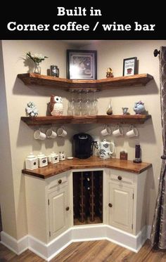 a corner coffee / wine bar with built in shelves