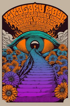 a poster with an eye and stairs leading up to the sky, surrounded by flowers