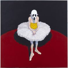 a painting of a ballerina sitting on top of a red floor with a white mask