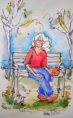 a drawing of a woman sitting on a park bench with a basketball in her hand