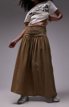 Add some boho charm to your look with this lightweight, cotton-rich maxi skirt featuring ruching at the waist that leads to a flowy silhouette. 36 1/2" center front length (size 8) Hidden side-zip closure Unlined 48% viscose, 31% cotton, 21% nylon Machine wash, line dry Imported Olive Style, Formal Dresses Graduation, Cocktail Dress Formal, Winter Party Dress, Satin Slip Dress, Long Sleeve Floral Dress, Lingerie Romper, Plus Size Pregnancy, Workwear Dress