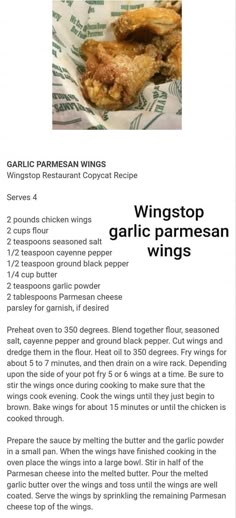 the menu for wingstop garlic parmesan wings, with instructions to make it