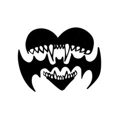 a black and white drawing of two bats with fangs on their faces, in the shape of a heart