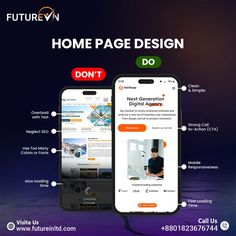 A helpful guide on homepage "Do's and Don'ts" for an effective design. Tips cover simplicity, clear call-to-action, mobile optimization, fast loading, avoiding text overload, cohesive colors, and SEO. Future Innovation LTD offers expertise in creating high-performance websites. Hashtags: #WebDesign #HomePageTips #WebsiteOptimization #DigitalMarketing #SEO #UXDesign #WebDevelopment. Home Page Design, Website Optimization, Got Quotes