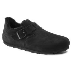 London Shearling Suede Leather Boston Shoes, Birkenstock London, Birkenstock Styles, Black Birkenstock, Two Strap Sandals, Suede Leather Shoes, Slide Slippers, Black Leather Shoes, Perfect Shoes