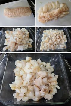 four pictures show how to cut up fish and prepare it for the oven, then prepped