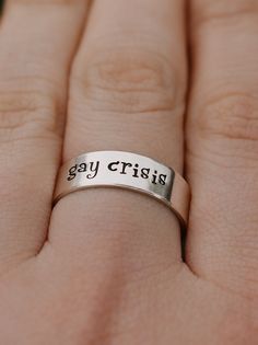 "Copy and paste into your browser, get 15% off ➔ https://bit.ly/VD15OFF I'm having a proper full on gay crisis right now! DETAILS: -Each ring is hand stamped -Ring is Sterling Silver, Fine Silver, or Gold Filled -6mm in thickness You will receive one hand-stamped ring filled with a black enamel finish. **Every item is handmade, this means that each will be unique and may not look EXACTLY like the picture, but it will look very similar ➡ORDER PROBLEMS If there are any problems with your order ple Gay Ring, Gay Rings, Relatable Notes, Gay Jewelry, Gay Pride Jewelry, Pride Jewelry, Gay Gifts, Stamped Ring, Hand Stamped Ring