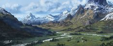 a painting of a mountain range with a river running through it