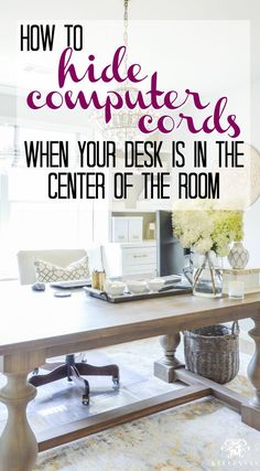 Not sure if you can put your desk in the center of the room without those ugly computer cables? See how to hide your computer cords when your desk is in the center of the room- this is a game changer idea for your home office! Hide Computer Cords, Office Remodel, Office Guest Room, Interior Minimalista, Office Layout, Office Makeover, Computer Cables, Craft Room Office, Home Office Setup