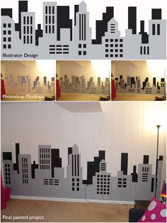 the wall is decorated with black and white city silhouettes on it's walls