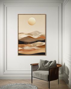 an abstract painting hangs on the wall above a chair in a room with white walls