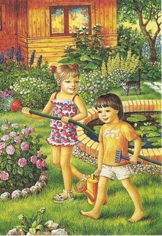 two children are playing in the garden