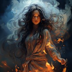 a painting of a woman with her hair blowing in the wind, surrounded by fire