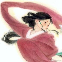 a drawing of a woman in a red dress with her hair flying through the air