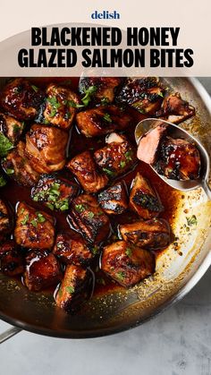 a pan filled with cooked honey glazed salmon bites