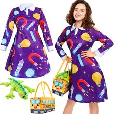 a woman wearing a purple dress and holding a yellow bag next to a school bus