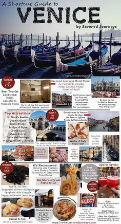 an advertisement for venice with pictures of boats and people in the water, including food