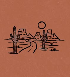 a desert scene with cactus trees and mountains in the background, drawn by ink on brown paper