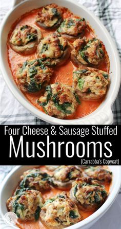 four cheese and sausage stuffed mushrooms in tomato sauce