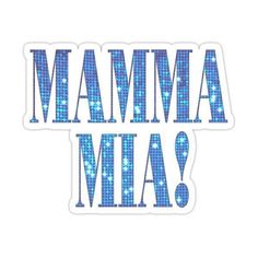 the words mamma mia in blue glitter stickers