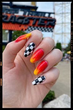 Almond Nails - Acrylic Nails Nail Art Designs Orange, Checkered Nail Art, Short Almond Acrylic Nails, Racing Nails, Short Almond Shape, Fall Almond Nails, Palm Nails, Black Almond Nails, Checkered Nails