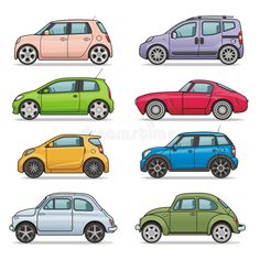 six different colored cars on a white background - miscellaneous objects / transportation conceptual, cartoon characters