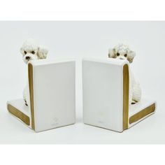 two small white poodles sitting on top of bookends with gold trim