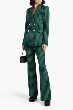 REBECCA VALLANCE Checked cotton-blend tweed flared pants Tailored Suit Women, Tweed Suit Women, Trousers Women Outfit, Tweed Blazer Women, Blazer Street Style, Ladies Short Jackets, Tweed Trousers, Blazer Outfits For Women, Tweed Pants