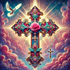 a cross with a rose on it in the middle of clouds and birds flying around