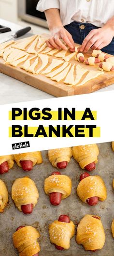 pigs in a blanket recipe on a baking sheet with the words pigs in a blanket over it