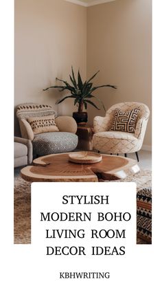 Cozy living room with patterned chairs, wooden coffee table, and a potted plant.