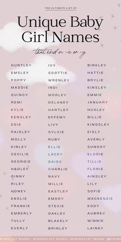 the unique baby girl names list is shown in pink and blue tones with stars on it