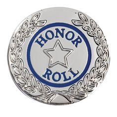 a silver and blue badge with the word honor roll written in white on it