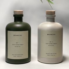 two bottles that are next to each other with a plant in the top left corner