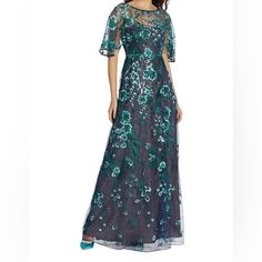 Marchesa Notte New Embellished Illusion Cape Sleeve Tulle Gown Size 8 $795.00 Marchesa Dresses, Cape Sleeves, Tulle Gown, Marchesa, Cape, Blue Green, Color Blue, Womens Dresses, Green