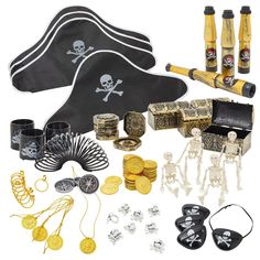 an assortment of pirate accessories and decorations