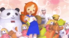 there is a woman standing in front of many stuffed animals