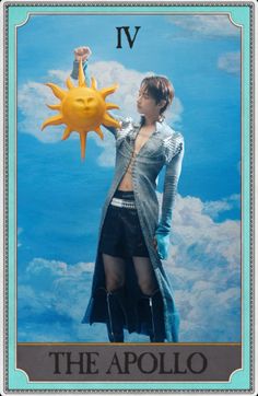 a woman holding a yellow sun in front of a blue sky with clouds and the number iv