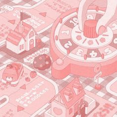 an illustration of a pink city with lots of buildings and cars on the street, including a large clock