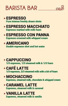 the menu for barista bar