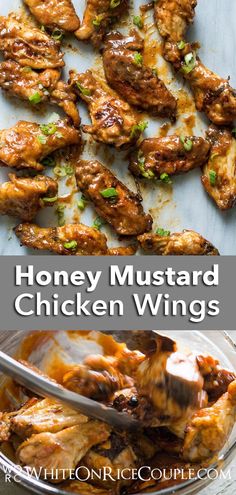 honey mustard chicken wings on a plate with a spoon in it and the words honey mustard chicken wings