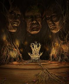 three faces are shown in the middle of a scene with trees and roots growing out of them