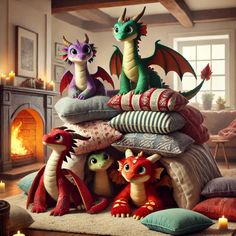 a pile of pillows and stuffed animals sitting on top of each other in front of a fire place