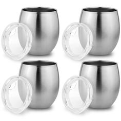 six stainless steel tumblers with lids on each one side and the other half empty