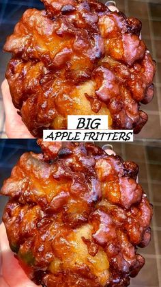 two pictures of some kind of food in someone's hand with the words big apple fritters on it