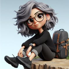 a digital painting of a woman with glasses sitting on a rock next to a backpack