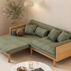 a living room with a couch, coffee table and potted plant in the corner