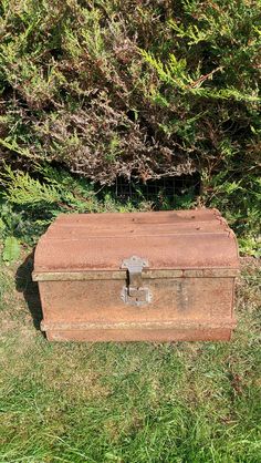 an old trunk is sitting in the grass