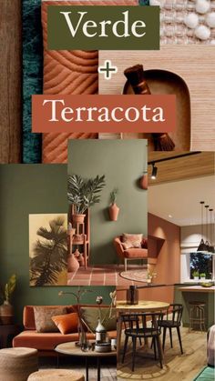 a collage of different furniture and decor items with the words, verde + terracotta