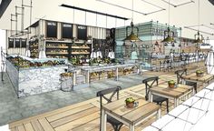 an artist's rendering of the interior of a restaurant